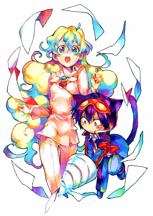 awa-san, awa (awaawa), nia teppelin, simon (ttgl), tengen toppa gurren lagann, 00s, 1boy, 1girl, animal ears, armband, blazer, cat, cat ears, cat tail, chibi, curly hair, drill, formal clothes, goggles, goggles on head, jacket, kemonomimi mode, long hair, multicolored hair, open mouth, suit, tail