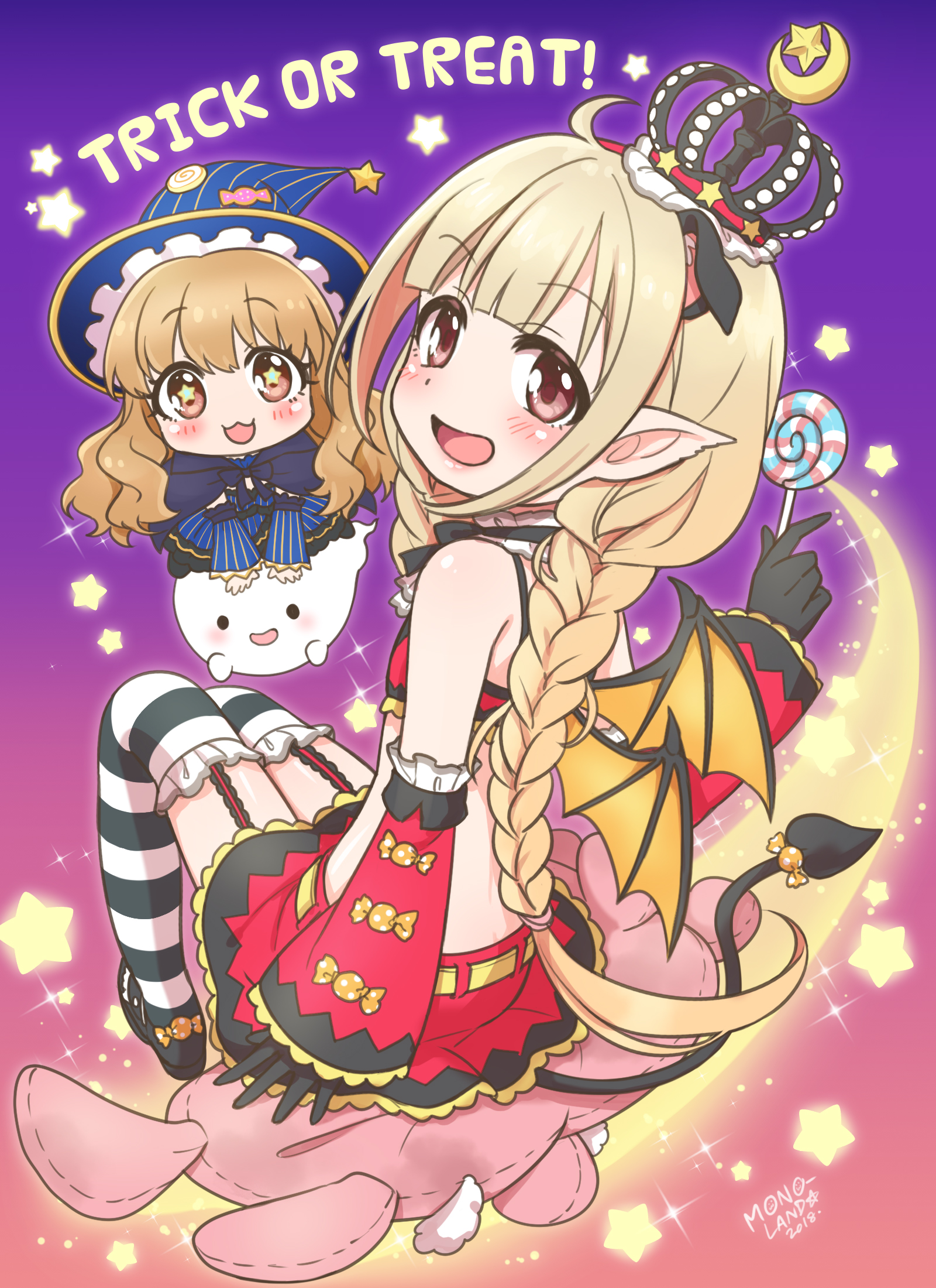 mono land, futaba anzu, moroboshi kirari, idolmaster, idolmaster cinderella girls, commentary, english commentary, highres, + +, 2girls, black capelet, blonde hair, brown eyes, brown hair, candy, capelet, chibi, crop top, crown, demon tail, demon wings, detached sleeves, dress, fake tail, fake wings, flat chest, food, garter straps, ghost, hat, holding, holding candy, holding food, holding lollipop, lollipop, mini crown, miniskirt, multiple girls, pointy ears, skirt, star (symbol), striped clothes, striped dress, striped thighhighs, stuffed toy, tail, thighhighs, trick or treat, wings, witch hat