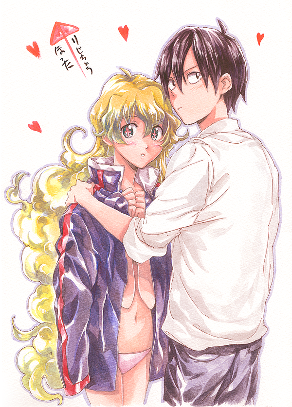 awa-san, awa (awaawa), nia teppelin, simon (ttgl), tengen toppa gurren lagann, 00s, 1boy, 1girl, black hair, blonde hair, blush, borrowed clothes, coat, couple, curly hair, heart, hetero, jacket, jacket on shoulders, long hair, naked coat, panties, short hair, underwear