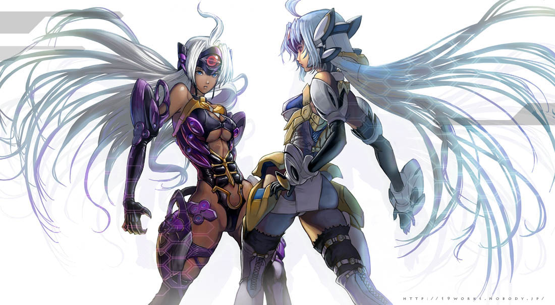 kos-mos, t-elos, xenosaga, tagme, 00s, 2girls, android, back, blue hair, breasts, cleavage, cleavage cutout, clothing cutout, cyborg, female focus, front, large breasts, long hair, multiple girls, standing, very long hair, white hair