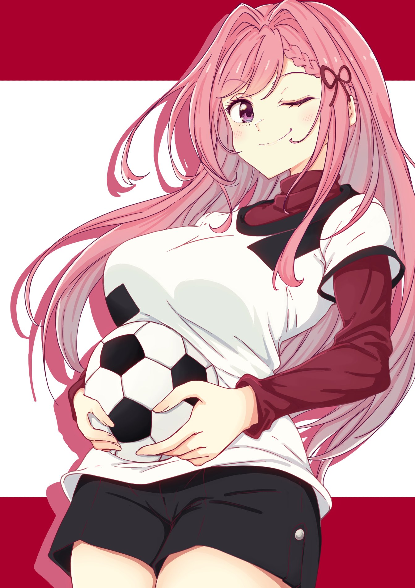 mono9ron, himemiya karen, make heroine ga oo sugiru!, highres, 1girl, ;), ball, black shorts, braid, breasts, closed mouth, cowboy shot, hair ribbon, holding, holding ball, large breasts, letterboxed, looking at viewer, one eye closed, pink hair, purple eyes, red ribbon, red sweater, ribbon, shirt, shorts, smile, soccer ball, solo, sweater, sweater under shirt, turtleneck, turtleneck sweater, white shirt