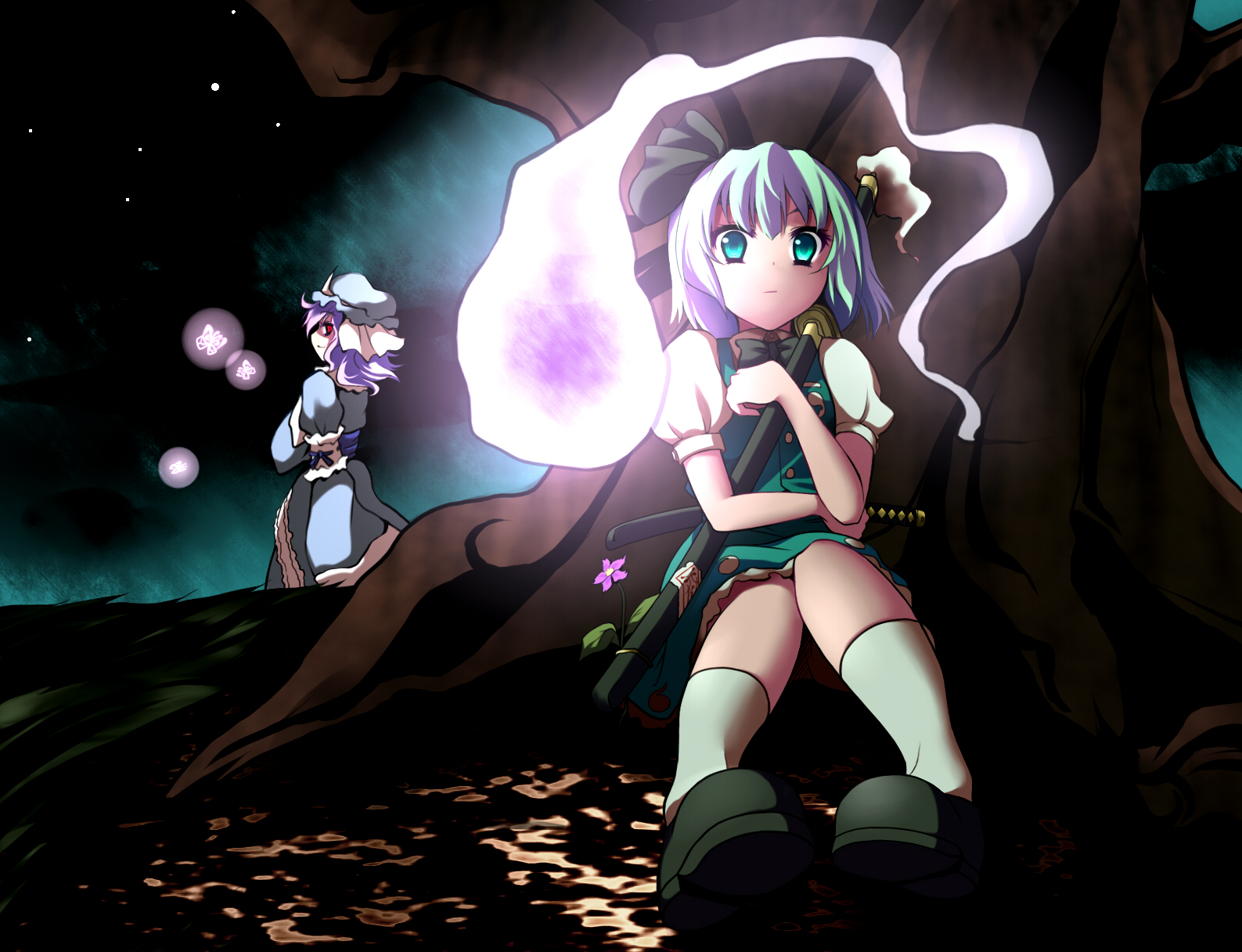 uruu gekka, konpaku youmu, konpaku youmu (ghost), saigyouji yuyuko, touhou, bad id, bad pixiv id, highres, 2girls, bug, butterfly, female focus, hitodama, multiple girls, night, tree