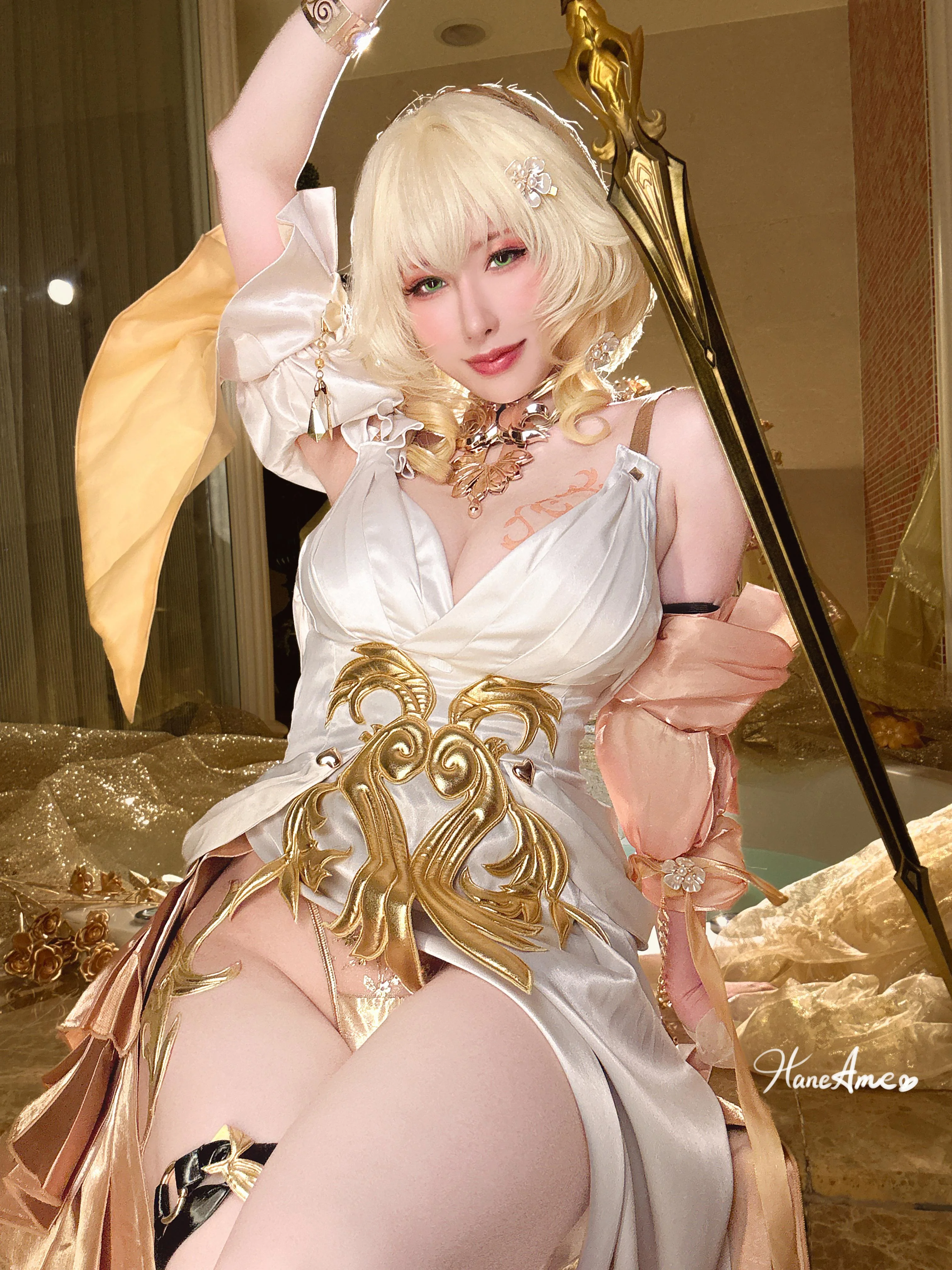 hane ame, aglaea (honkai: star rail), honkai: star rail, honkai (series), absurdres, cosplay photo, highres, photo (medium), 1girl, aglaea (honkai: star rail) (cosplay), artist name, breasts, cleavage, cosplay, female focus, large breasts, solo