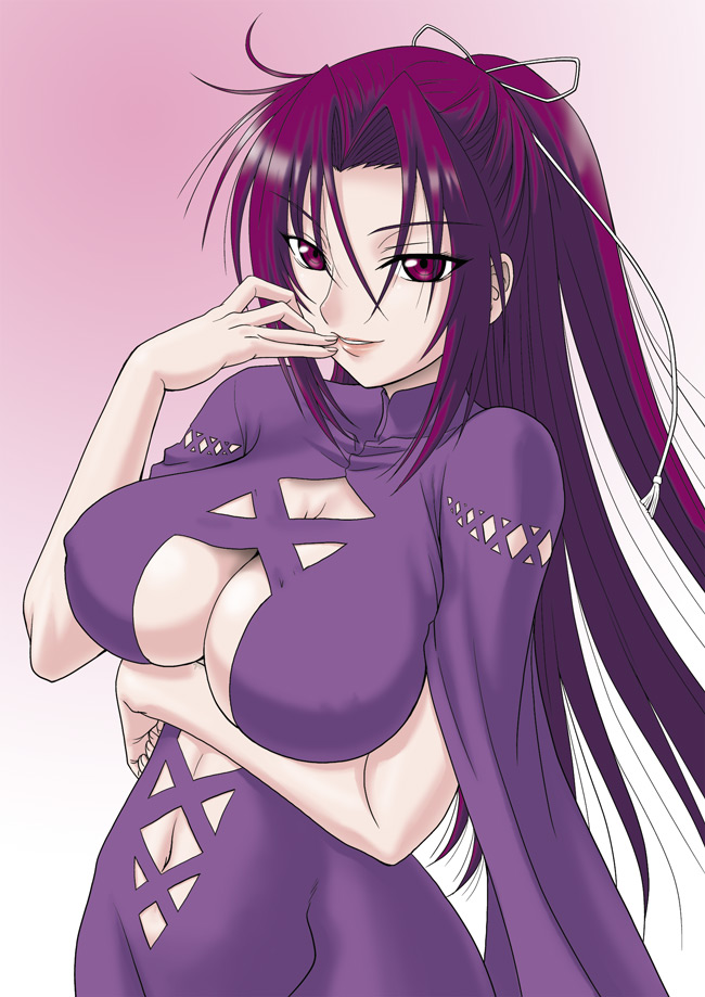 misnon the great, kazehana, sekirei, breast hold, 00s, 1girl, breasts, cleavage, cleavage cutout, clothing cutout, female focus, large breasts, long hair, ponytail, purple eyes, purple hair, seductive smile, smile, solo