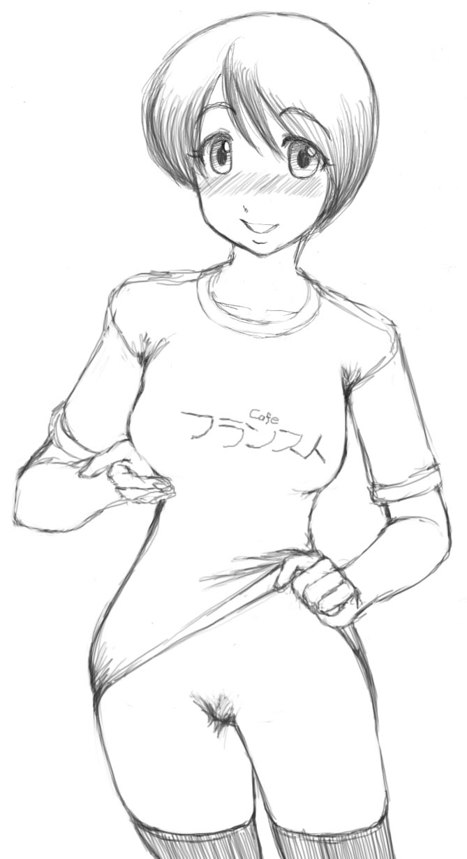 mashitaka, hiwatari, shimau, yotsubato!, bad id, bad pixiv id, highres, 1girl, bottomless, clothes lift, clothes writing, female focus, female pubic hair, greyscale, looking at viewer, monochrome, naked shirt, no panties, open mouth, pubic hair, pussy, shirt, shirt lift, short hair, simple background, smile, solo, t-shirt, thighhighs, uncensored, white background