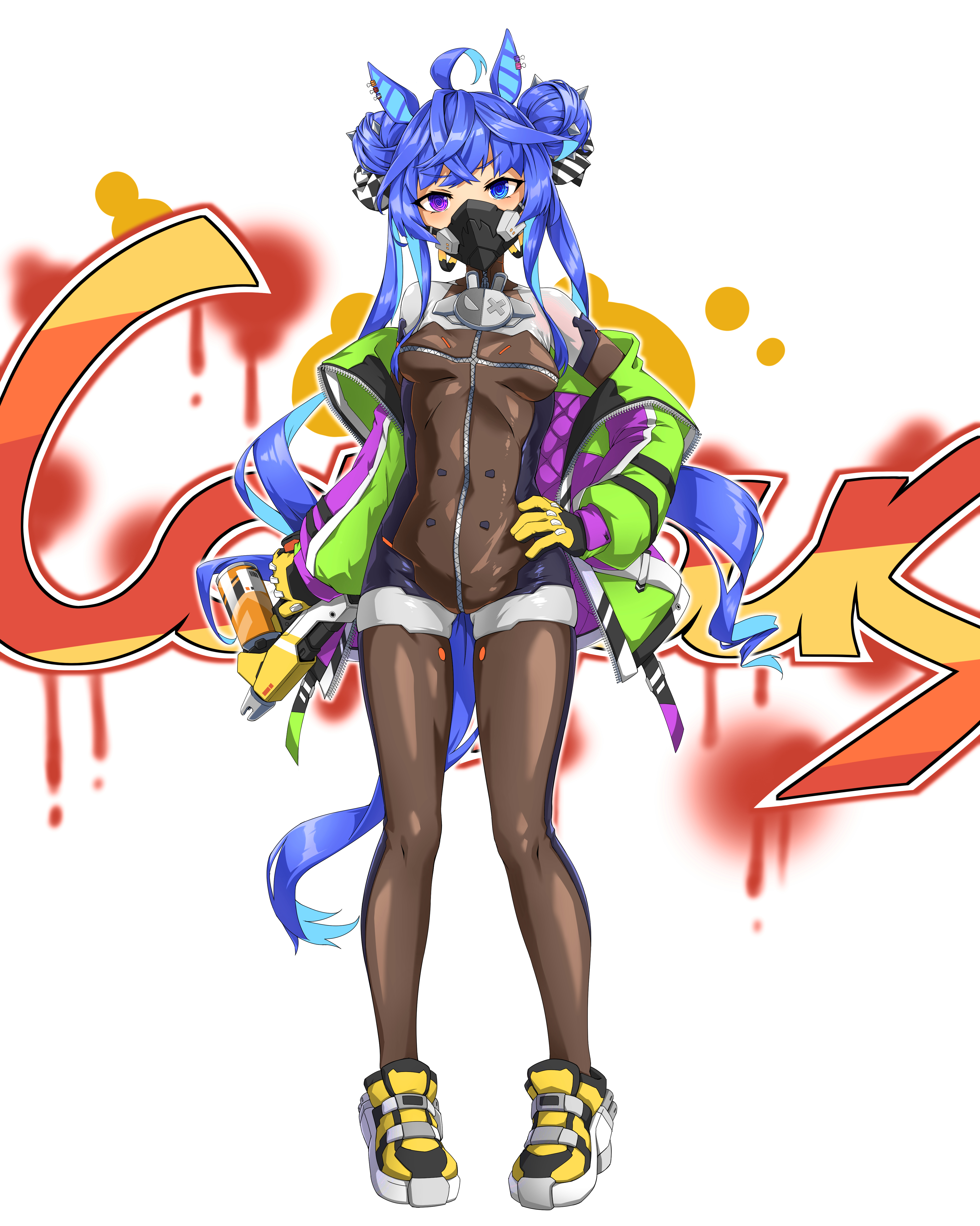 yingjian, twin turbo (blast mode! turbo engine) (umamusume), twin turbo (umamusume), umamusume, absurdres, highres, 1girl, ahoge, animal ears, aqua hair, black bodysuit, blue eyes, blue hair, bodysuit, boots, bow, breasts, brown leggings, coat, covered mouth, crossed bangs, delinquent, ear covers, heterochromia, holding, hood, hooded coat, hoodie, horse ears, horse girl, horse tail, jacket, leggings, long hair, long sleeves, looking at viewer, mask, mask pull, mouth mask, multicolored coat, multicolored hair, multicolored hoodie, purple eyes, skin tight, small breasts, solo, tail, twintails, yellow boots