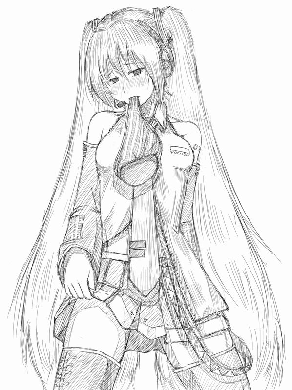jun (666), hatsune miku, vocaloid, bad id, bad pixiv id, traditional media, 1girl, arm behind back, bare shoulders, blush, clothes lift, cowboy shot, cropped legs, detached sleeves, female focus, greyscale, headset, long hair, long sleeves, long twintails, microphone, miniskirt, monochrome, mouth hold, necktie, panties, pleated skirt, shirt, simple background, skirt, skirt lift, sleeveless, sleeveless shirt, solo, striped clothes, striped panties, suspender skirt, suspenders, thighhighs, twintails, underwear, very long hair, white background, wide sleeves, zettai ryouiki