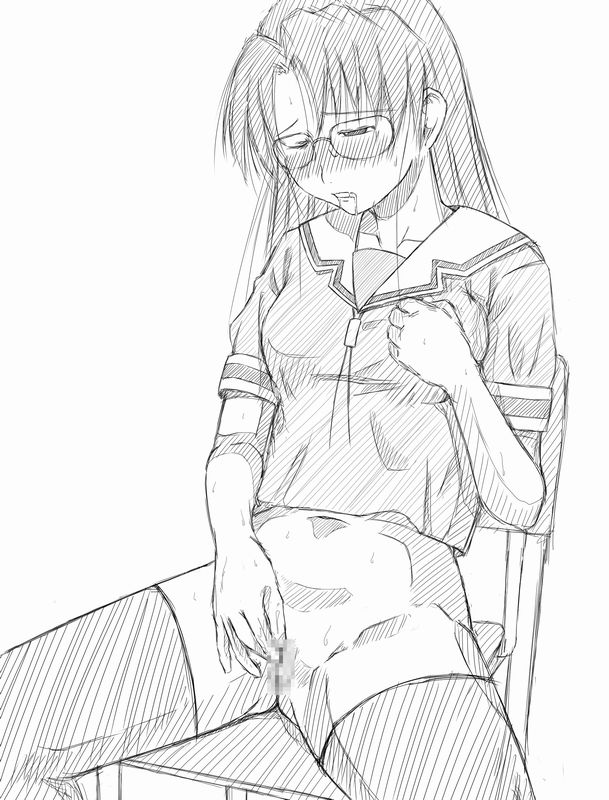 jun (666), mizuhara koyomi, azumanga daiou, bad id, bad pixiv id, traditional media, 1girl, blush, bottomless, censored, chair, female focus, female masturbation, glasses, greyscale, long hair, masturbation, monochrome, no panties, on chair, pussy, school uniform, serafuku, sitting, solo, thighhighs