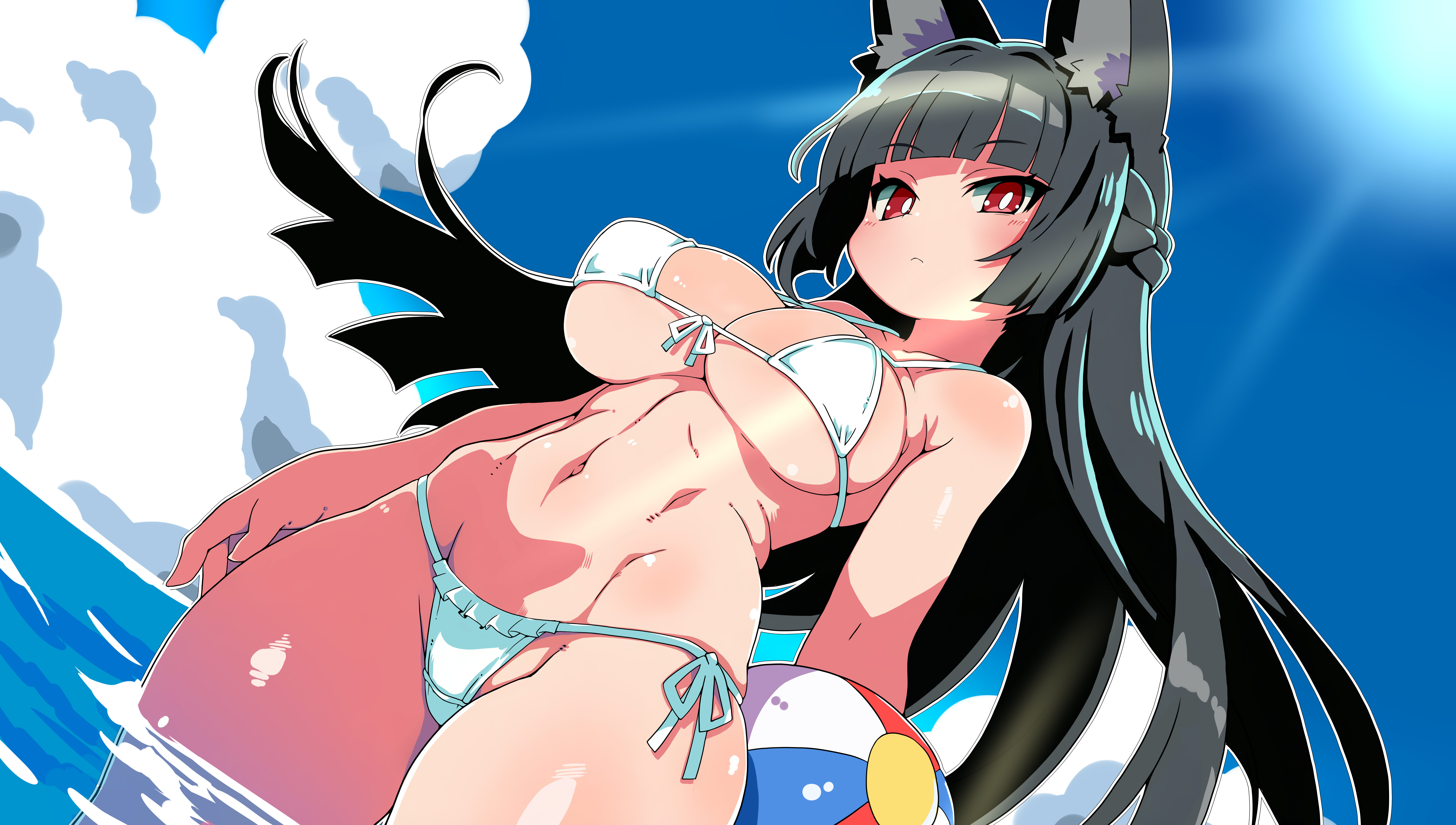 uzuki tenchan, hoshimi miyabi, zenless zone zero, absurdres, highres, 1girl, animal ears, ball, beachball, bikini, black hair, blue sky, breasts, bright pupils, cleavage, closed mouth, cloud, fox ears, fox girl, front-tie bikini top, front-tie top, holding, holding ball, holding beachball, long hair, looking at viewer, medium breasts, outdoors, red eyes, short eyebrows, side-tie bikini bottom, sky, swimsuit, water, white bikini, white pupils