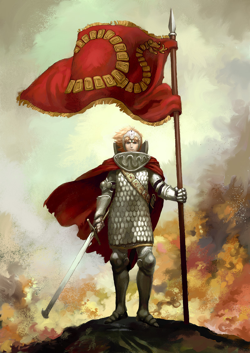 itou satoshi, kushana, kaze no tani no nausicaa, studio ghibli, 1980s (style), 1girl, armor, blonde hair, cape, female focus, flag, full body, gauntlets, oldschool, outdoors, polearm, retro artstyle, scale armor, sky, solo, spear, standing, sword, weapon