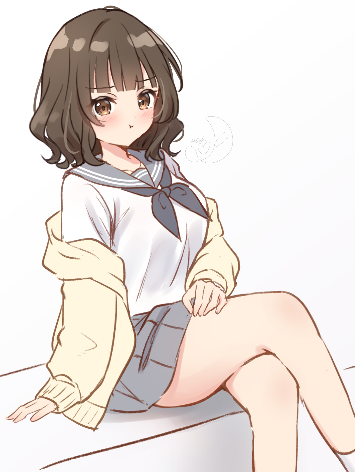 hanazora satsuki, original, commentary request, highres, 1girl, :t, blunt bangs, breasts, brown eyes, brown hair, cardigan, closed mouth, collarbone, crossed legs, feet out of frame, grey neckerchief, grey sailor collar, grey skirt, large breasts, long sleeves, looking at viewer, medium hair, miniskirt, neckerchief, off shoulder, pleated skirt, pout, sailor collar, school uniform, serafuku, shirt, simple background, sitting, skirt, solo, thighs, wavy hair, white background, white shirt, yellow cardigan