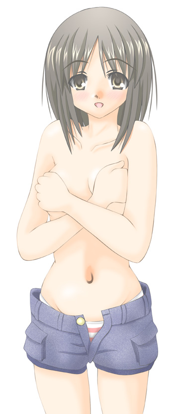 a-kazuo, kasuga ayumu, azumanga daiou, bad id, bad pixiv id, 1girl, breasts, brown eyes, brown hair, covering breasts, covering privates, denim, denim shorts, female focus, grabbing another's breast, groping, long hair, open fly, panties, shorts, solo, striped clothes, striped panties, topless female, underwear, unzipped, white background