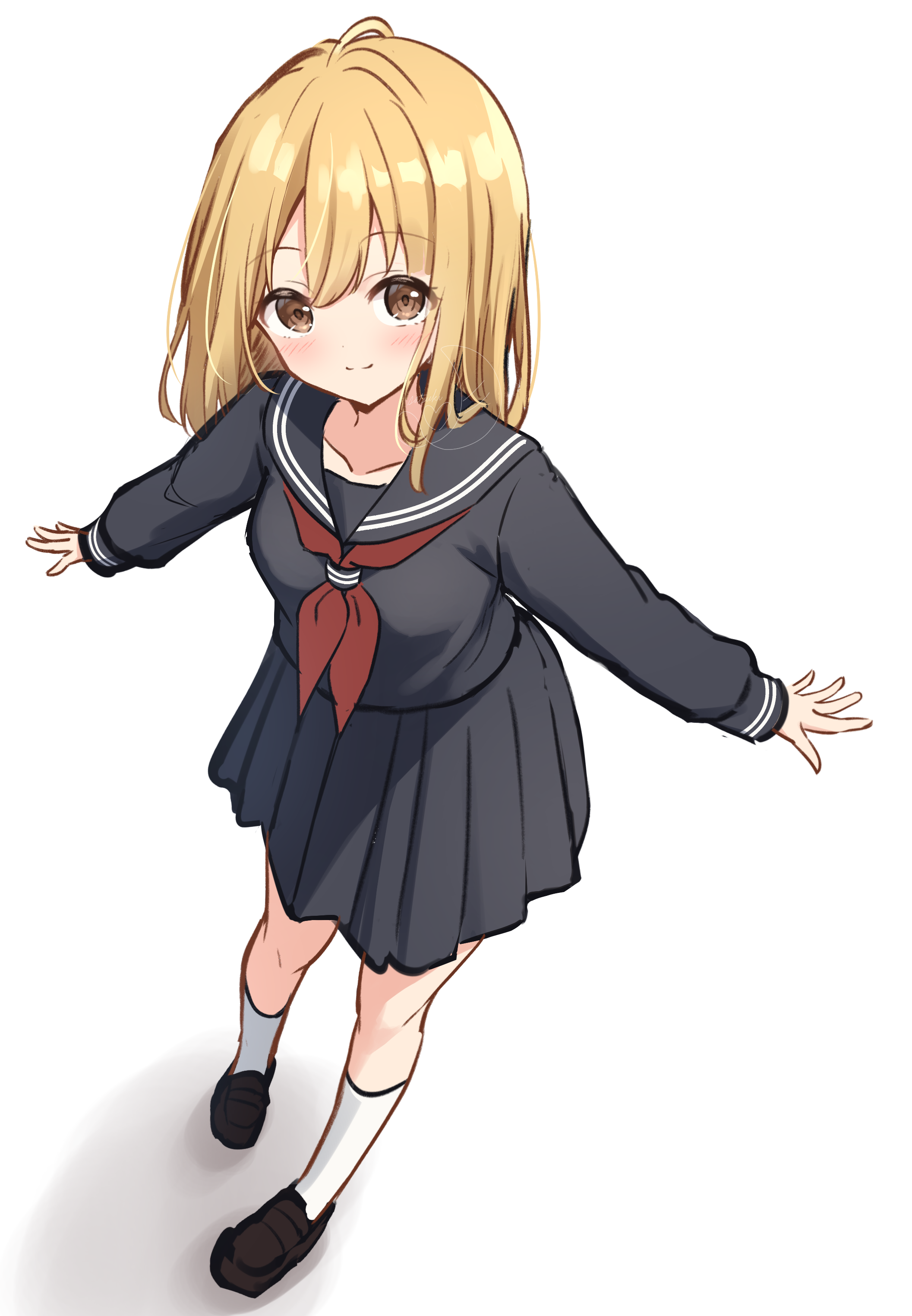 hanazora satsuki, original, absurdres, commentary request, highres, 1girl, ahoge, black sailor collar, black serafuku, black shirt, black shoes, black skirt, blonde hair, blush, breasts, brown eyes, closed mouth, collarbone, full body, loafers, long hair, long sleeves, looking at viewer, medium breasts, neckerchief, pleated skirt, red neckerchief, sailor collar, school uniform, serafuku, shirt, shoes, simple background, skirt, smile, socks, solo, split mouth, standing, white background, white socks, winter uniform