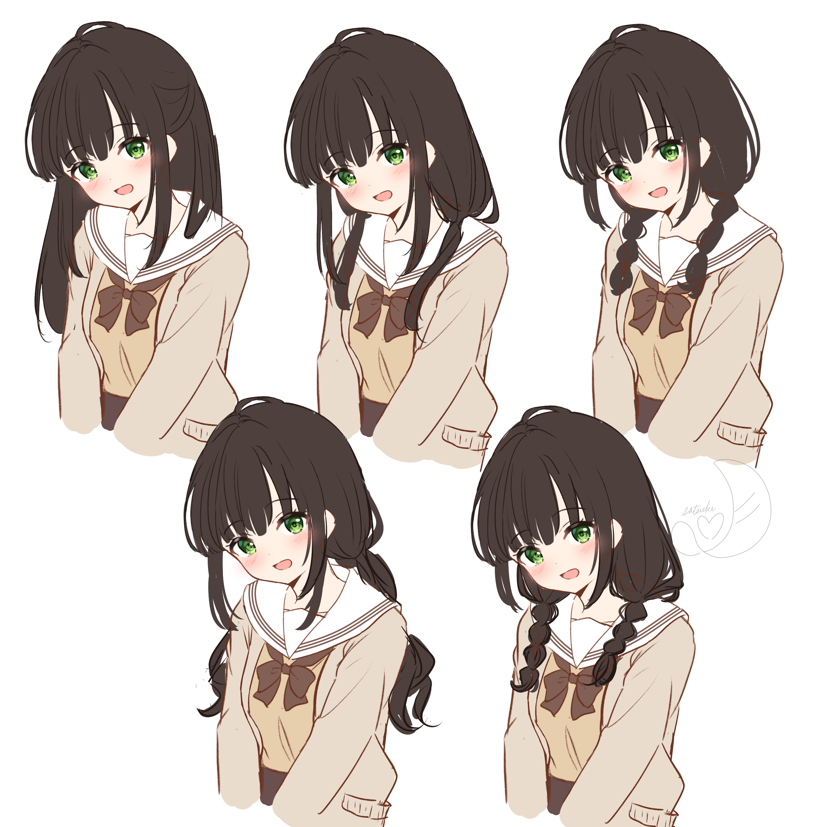 hanazora satsuki, original, absurdres, commentary request, highres, 1girl, :d, black hair, blush, bow, bowtie, braid, brown bow, brown bowtie, brown cardigan, brown shirt, brown skirt, cardigan, green eyes, hair over shoulder, half updo, long hair, looking at viewer, loose bowtie, low twin braids, low twintails, multi-tied hair, multiple views, open cardigan, open clothes, open mouth, sailor collar, school uniform, serafuku, shirt, sidelocks, skirt, smile, twin braids, twintails, v arms, white sailor collar