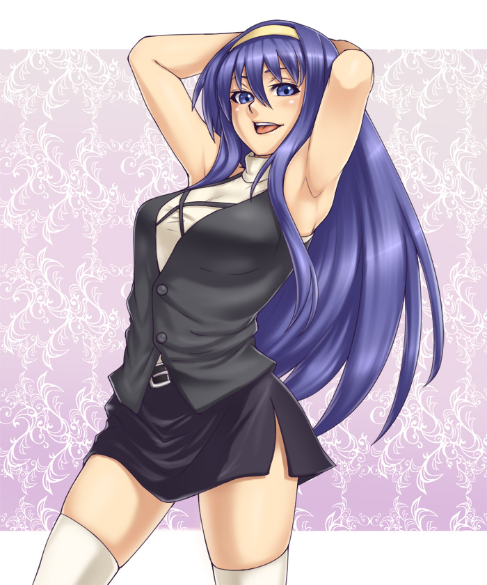 houtengeki, himemiya chikane, kaon (kyoushirou to towa no sora), kannazuki no miko, kyoushirou to towa no sora, bad id, bad pixiv id, 00s, 1girl, :d, armpits, arms behind head, arms up, belt, blue eyes, blue hair, blush, breasts, buttons, casual, female focus, gradient background, hair between eyes, hairband, halterneck, hou takashi ji, large breasts, long hair, looking at viewer, matching hair/eyes, miniskirt, open mouth, pencil skirt, purple background, shirt, side slit, skirt, sleeveless, smile, solo, standing, taut clothes, taut shirt, thighhighs, turtleneck, very long hair, vest, white thighhighs, zettai ryouiki