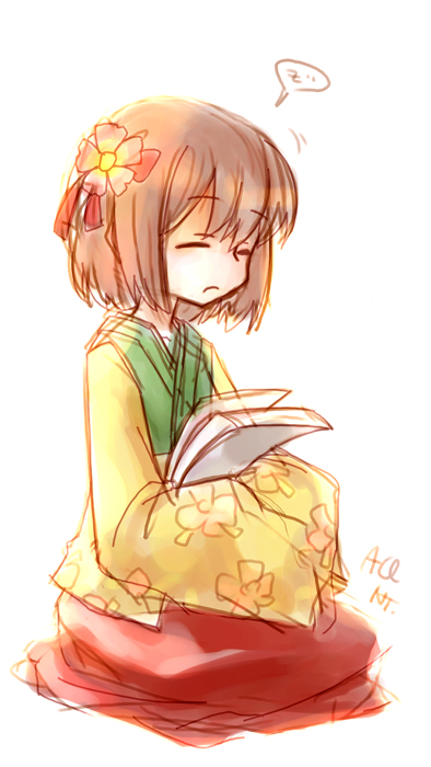 nightea, hieda no akyuu, perfect memento in strict sense, touhou, 1girl, female focus, flower, japanese clothes, kimono, short hair, sitting, solo, white background