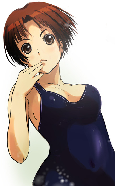 bikkuri doubutsu, original, brown eyes, one-piece swimsuit, red hair, short hair, solo, swimsuit