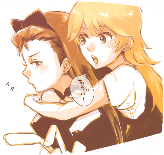 hoshii miki, minase iori, idolmaster, idolmaster (classic), idolmaster 1, non-web source, translation request, 00s, blonde hair, brown hair, held back, hug, long hair