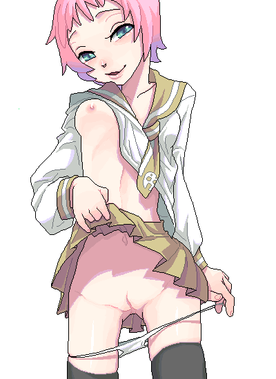 harukaumedaya, kim diehl, soul eater, 00s, 1girl, aqua eyes, blush, breasts, clothes lift, female focus, medium breasts, nipples, oekaki, panties, panty pull, pin, pink hair, pussy, sailor, school uniform, serafuku, short hair, skirt, skirt lift, solo, thighhighs, uncensored, underwear