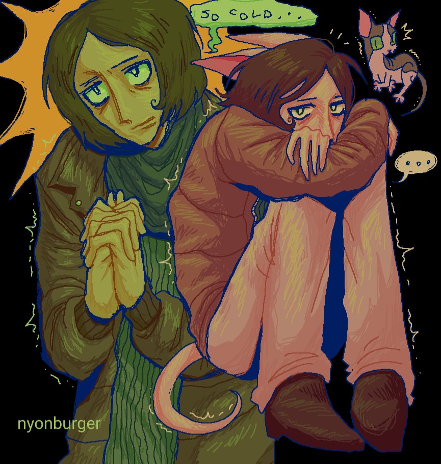 commentary, english commentary, …, 1boy, ^^^, animal ears, arms on knees, bags under eyes, black background, blank stare, bright pupils, brown hair, brown jacket, brown shoes, cat, cat ears, cat tail, coat, coat guy (no i'm not a human), cold, ears down, english text, full body, furrowed brow, green scarf, green shirt, hatching (texture), hunched over, interlocked fingers, jacket, jaggy lines, jitome, kemonomimi mode, knees up, linear hatching, long sleeves, looking at viewer, looking up, multiple views, no i'm not a human, notice lines, nyonburger, open clothes, open jacket, own hands clasped, own hands together, pants, parted bangs, parted lips, pink pants, ribbed shirt, scarf, shirt, shoes, short hair, simple background, sitting, speech bubble, sphynx cat, spoken ellipsis, tail, trembling, twitter username, upper body, white pupils, winter clothes, winter coat