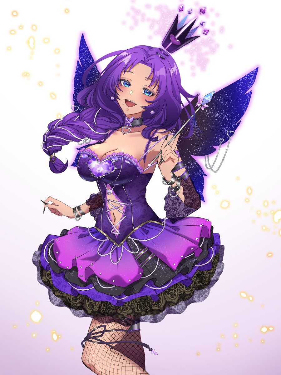 oekakissaerizoh, cha cha (vtuber), indie virtual youtuber, highres, 1girl, black choker, black nails, blush, braid, breasts, choker, cleavage, clothing cutout, collarbone, crown, fairy wings, fingernails, fishnet pantyhose, fishnets, floating crown, holding, holding wand, mole, mole on breast, navel, navel cutout, open mouth, pantyhose, purple hair, purple skirt, sharp fingernails, skirt, smile, solo, spiked cuffs, thigh strap, virtual youtuber, wand, wings