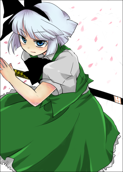 kuzumiya yuyu, konpaku youmu, touhou, silver hair, 1girl, blue eyes, female focus, hairband, katana, ribbon, solo, sword, weapon