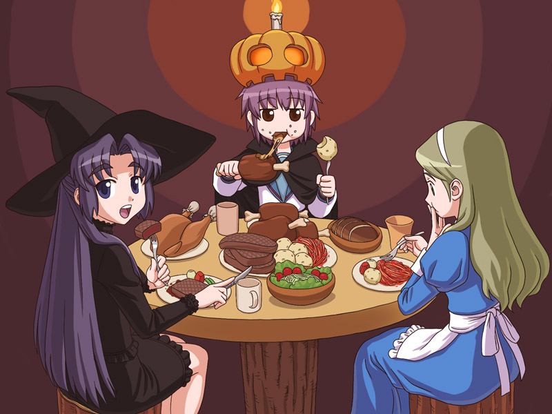 tofu juuji, asakura ryoko, kimidori emiri, nagato yuki, suzumiya haruhi no yuuutsu, silver hair, 00s, 3girls, blue eyes, blue hair, brown eyes, eating, green eyes, green hair, hat, jack-o'-lantern, long hair, multiple girls, pumpkin, pumpkin hat, school uniform, serafuku, short hair, witch, witch hat