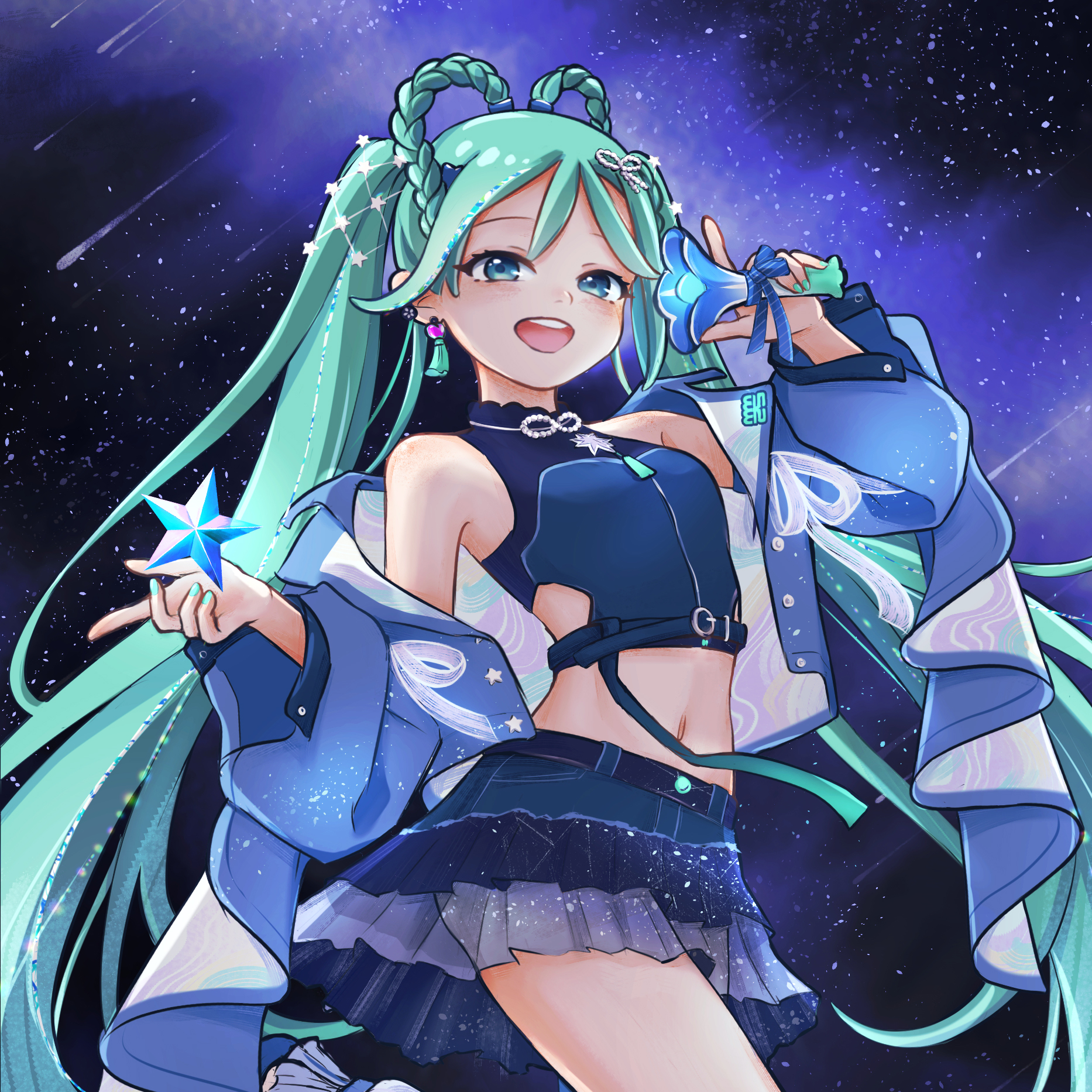tsubomi (sheemelpok0), hatsune miku, magical mirai miku, magical mirai miku (2025), magical mirai (vocaloid), vocaloid, highres, 1girl, aqua eyes, aqua hair, aqua nails, blue jacket, blue skirt, blush, braid, braided hair rings, breasts, earrings, hair ornament, hair rings, heart, heart earrings, holding, holding microphone, jacket, jewelry, long hair, looking at viewer, microphone, navel, official alternate costume, official alternate hairstyle, open clothes, open jacket, open mouth, skirt, small breasts, solo, star (symbol), star hair ornament, stomach, twintails, very long hair