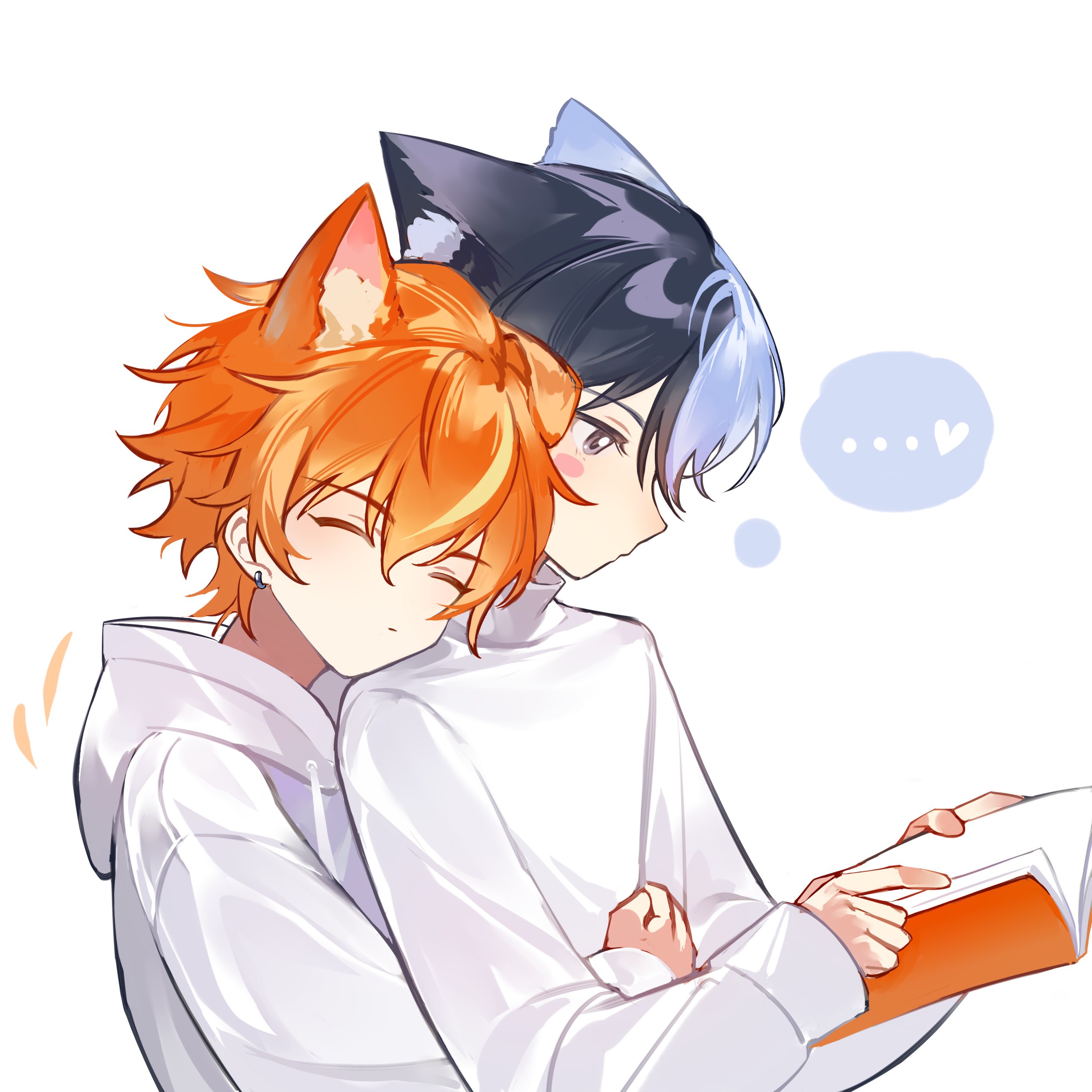 zhao yifei, aoyagi touya, shinonome akito, project sekai, absurdres, highres, 2boys, animal ears, blonde hair, blue hair, blush, book, cat ears, closed eyes, closed mouth, earrings, extra ears, holding, holding book, hood, hood down, hoodie, hoop earrings, hug, hug from behind, jewelry, long sleeves, male focus, multicolored hair, multiple boys, open book, orange hair, shirt, short hair, simple background, split-color hair, streaked hair, two-tone hair, upper body, white background, white hoodie, white shirt, yaoi