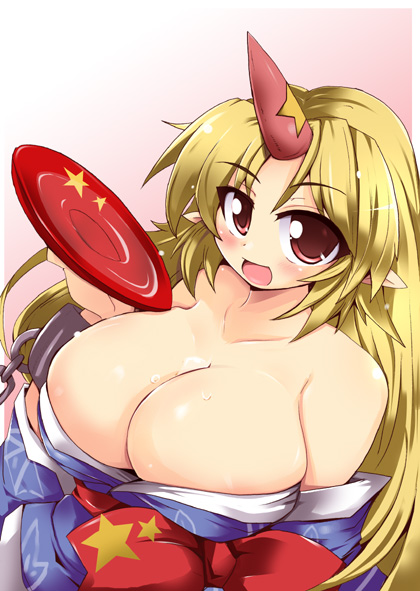 shirogane (platinum), hoshiguma yuugi, hoshiguma yuugi (kimono), touhou, 1girl, blonde hair, breasts, cleavage, cup, female focus, horns, huge breasts, red eyes, sakazuki, single horn, solo