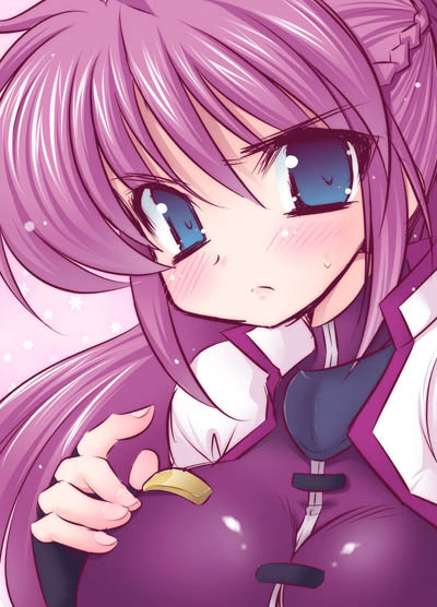 shiitake miya donko, signum, lyrical nanoha, mahou shoujo lyrical nanoha, mahou shoujo lyrical nanoha a's, mahou shoujo lyrical nanoha strikers, 00s, 1girl, blue eyes, blush, braid, breasts, close-up, female focus, fingerless gloves, frown, gloves, long hair, purple hair, solo, turtleneck