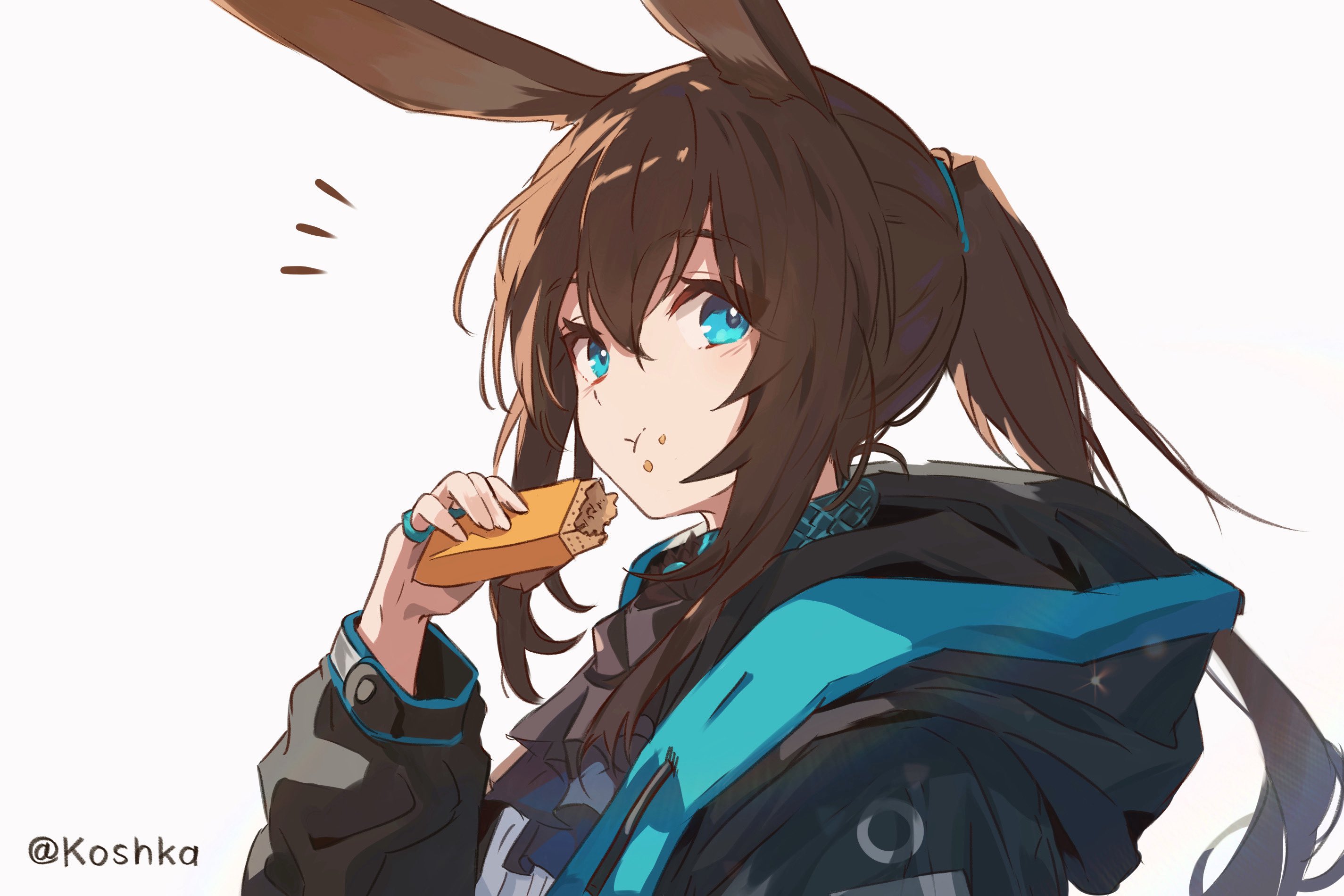 koshka pic, amiya (arknights), arknights, commentary, highres, 1girl, animal ears, ascot, black ascot, black jacket, blue eyes, brown hair, closed mouth, food, food on face, hair between eyes, holding, holding food, hood, hood down, hooded jacket, jacket, jewelry, long hair, long sleeves, looking at viewer, multiple rings, notice lines, open clothes, open jacket, ponytail, rabbit ears, ring, simple background, solo, upper body, white background