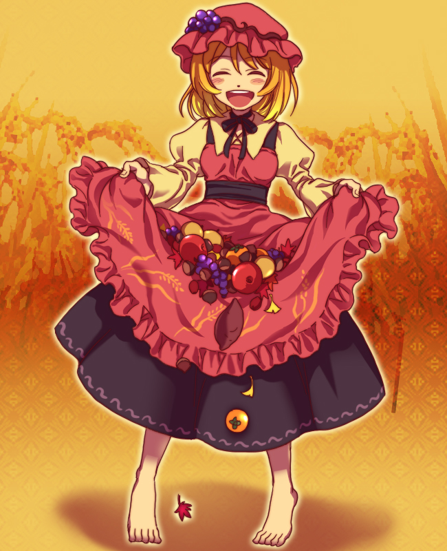 piyopunch, aki minoriko, touhou, bad id, bad pixiv id, 1girl, apple, barefoot, female focus, food, fruit, grapes, leaf, persimmon, skirt basket, skirt hold, solo, sweet potato