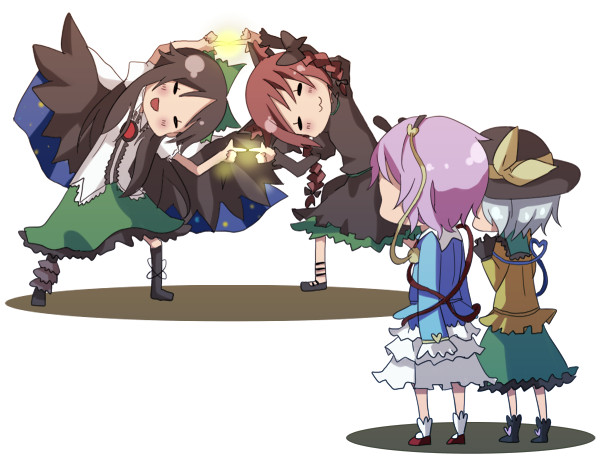 asatsuki hiko, kosui (artist), kaenbyou rin, komeiji koishi, komeiji satori, reiuji utsuho, dragon ball, dragonball z, touhou, bad id, bad pixiv id, 4girls, :3, animal ears, blouse, blue shirt, braid, cat ears, cat girl, female focus, fusion dance, hat, multiple girls, multiple tails, parody, shirt, tail, twin braids, two tails, yellow shirt