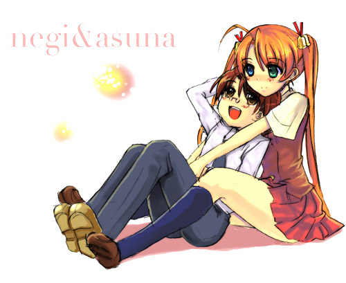 kagurazaka asuna, negi springfield, mahou sensei negima!, lowres, 00s, 1boy, 1girl, :d, bell, between legs, blue eyes, blush, brown hair, hair bell, hair ornament, hair ribbon, height difference, heterochromia, loafers, long hair, long sleeves, open mouth, orange hair, pants, plaid clothes, plaid skirt, pleated skirt, red ribbon, red skirt, ribbon, shirt, shoes, short sleeves, simple background, skirt, smile, teenage girl and younger boy, twintails, very long hair, white background, white shirt
