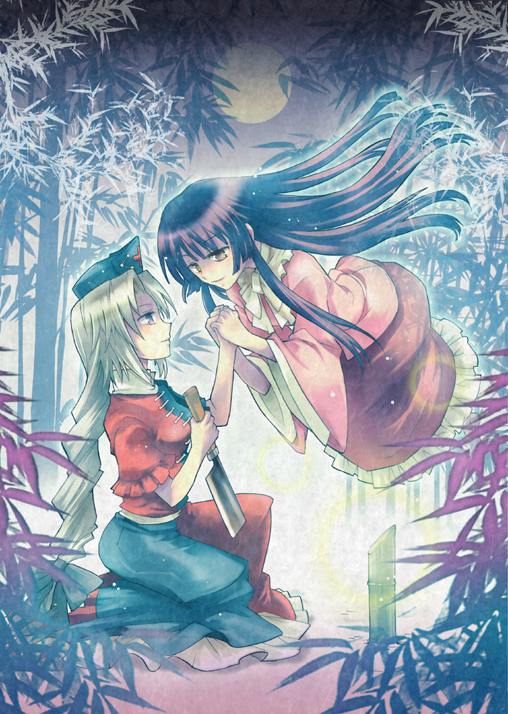 taki tarou, takitarou, fujiwara no mokou, houraisan kaguya, yagokoro eirin, touhou, blade, silver hair, bad id, bad pixiv id, 2girls, black hair, female focus, hat, long hair, multiple girls, ribbon