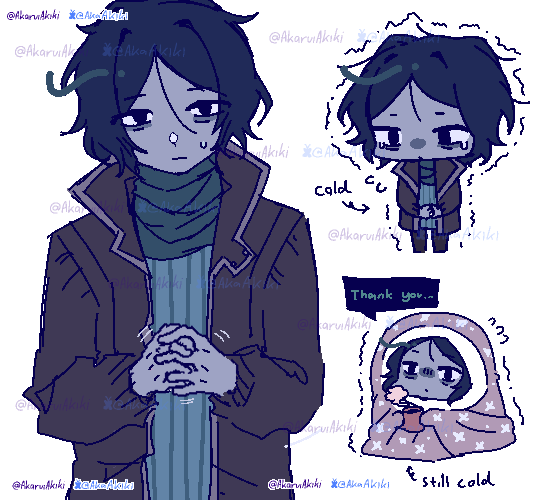 akaruiakiki, commentary, english commentary, 1boy, androgynous, arrow (symbol), bags under eyes, blank stare, blue hair, brown jacket, chibi, chibi inset, closed mouth, coat, coat guy (no i'm not a human), coffee mug, cold, colored skin, crying, cup, dot mouth, dripping eye, empty eyes, english text, fidgeting, flying sweatdrops, green scarf, green shirt, grey skin, holding, holding cup, interlocked fingers, jacket, jaggy lines, long sleeves, looking at viewer, loose hair strand, male focus, messy hair, motion lines, mug, multiple views, no i'm not a human, open clothes, open coat, own hands clasped, own hands together, parted bangs, popped collar, ribbed shirt, scarf, shirt, short hair, speech bubble, standing, steaming cup, straight-on, sweatdrop, thank you, too many watermarks, trembling, twitter username, watermark, watermark grid, wavy hair, white background, wrapped in blanket
