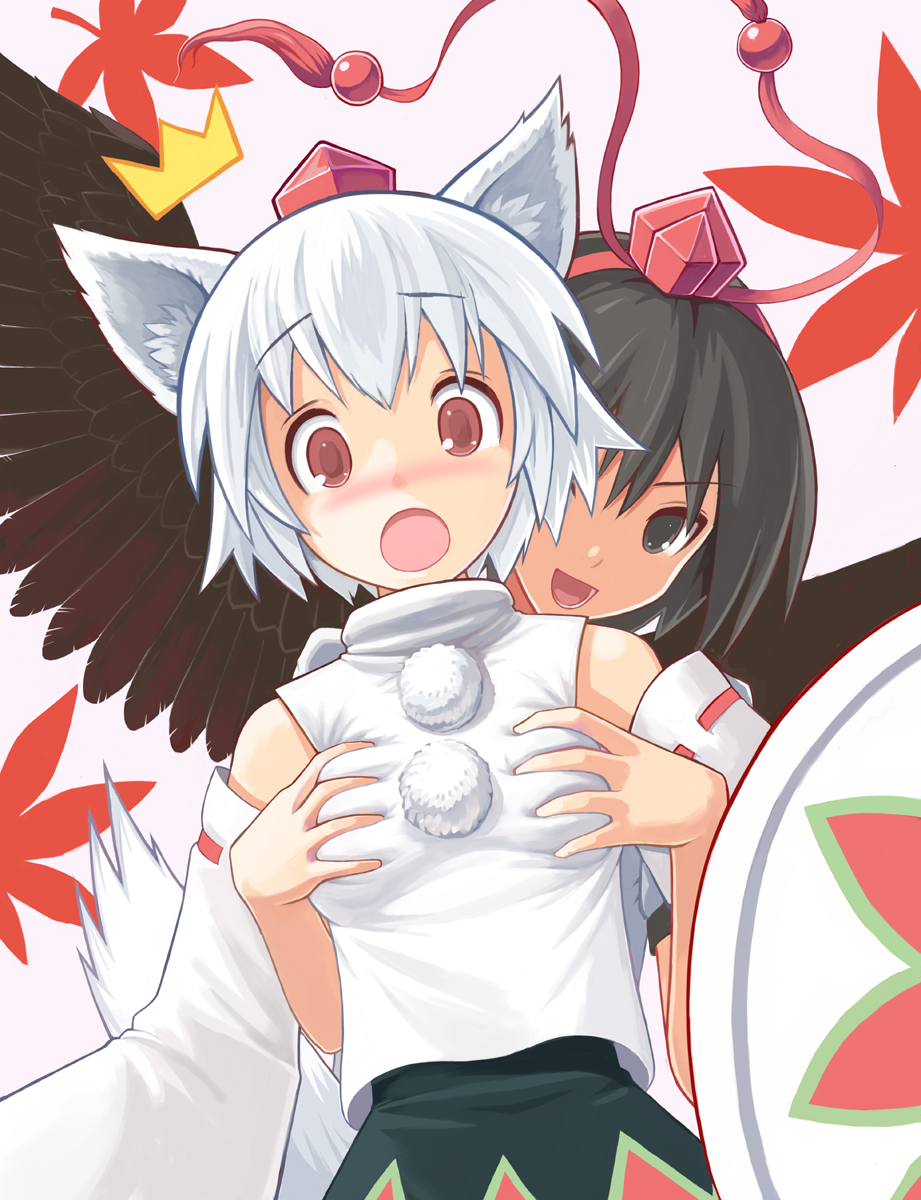 yuugiri (artist), yuugiri (illustyard), yuugiri (u-slash), inubashiri momiji, shameimaru aya, touhou, silver hair, bad id, bad pixiv id, highres, 2girls, animal ears, black hair, black wings, blush, breasts, female focus, grabbing another's breast, groping, hat, multiple girls, shield, short hair, small breasts, tail, wings, wolf ears, wolf tail, yuri