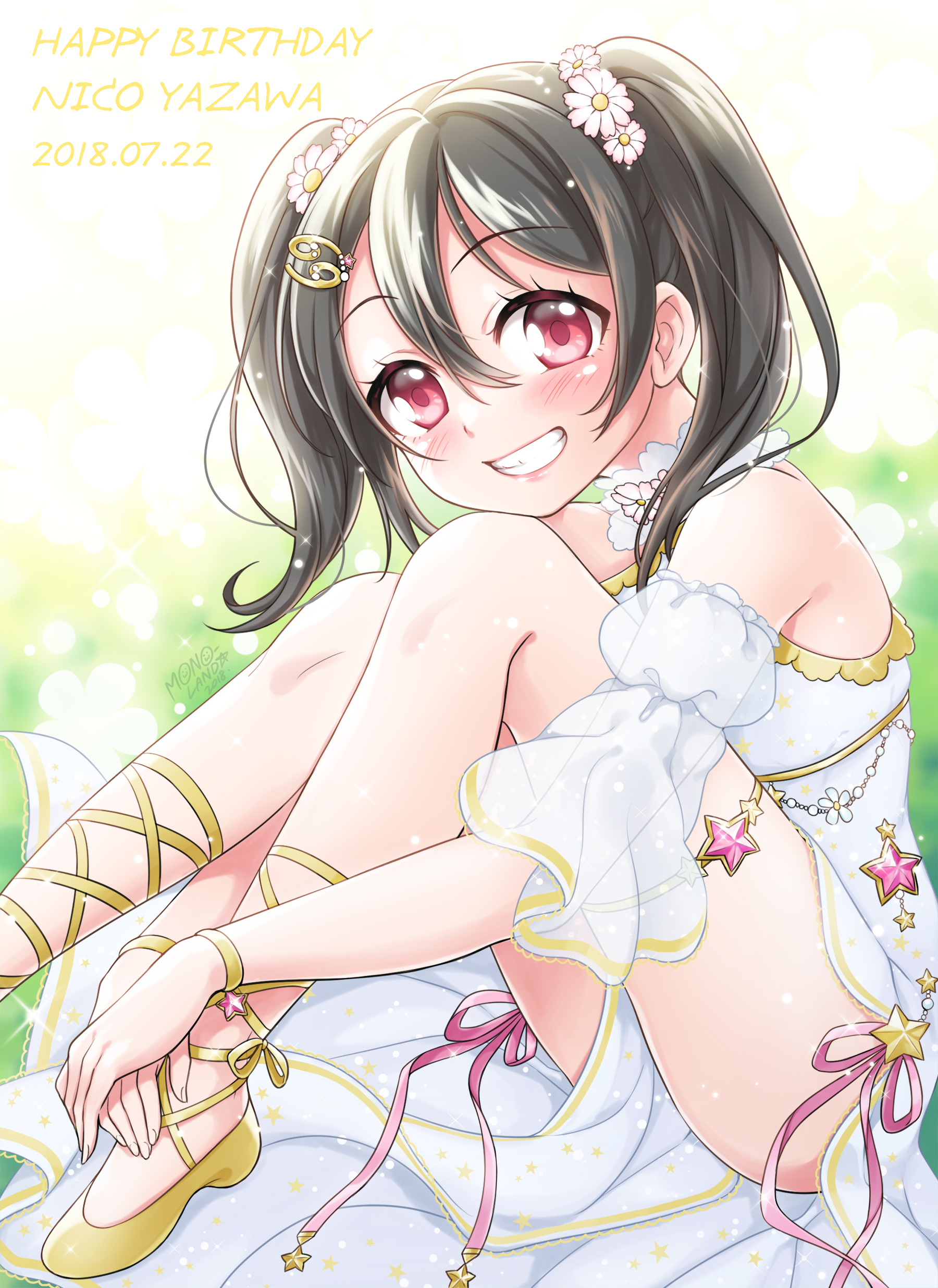 mono land, yazawa nico, love live!, love live! school idol project, absurdres, commentary request, highres, 1girl, bare shoulders, black hair, character name, choker, dated, detached sleeves, dress, flower, grin, hair between eyes, hair flower, hair ornament, hairclip, happy birthday, hugging own legs, red eyes, shoes, sitting, smile, solo, star (symbol), twintails, white choker, white dress, yellow shoes