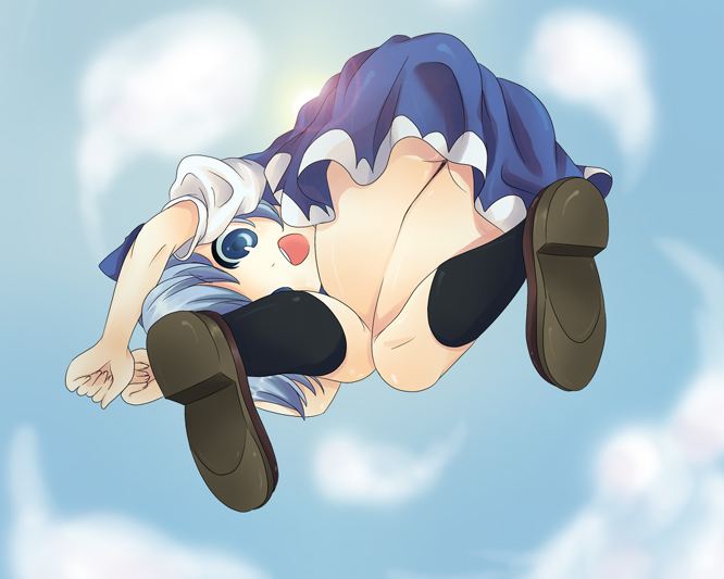 maki (natoriumu), maki (pixiv), cirno, embodiment of scarlet devil, touhou, bad id, bad pixiv id, 1girl, :d, blue eyes, blue hair, bottomless, brown shoes, female focus, from below, looking back, looking down, matching hair/eyes, open mouth, shoes, short hair, smile, socks, solo, wide-eyed