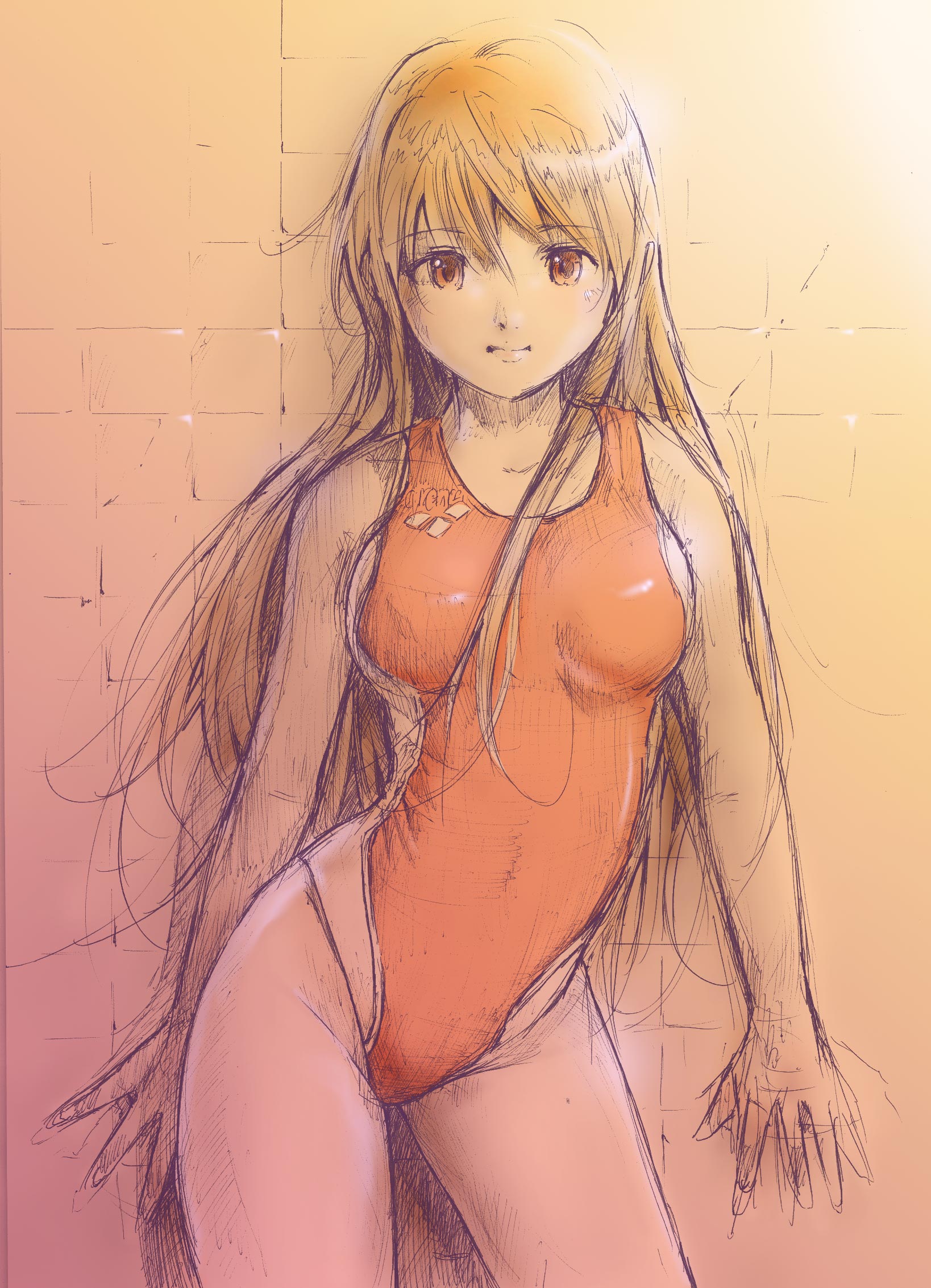 mayo riyo, asahina mikuru, suzumiya haruhi no yuuutsu, bad id, bad pixiv id, highres, 00s, 1girl, brown eyes, brown hair, competition swimsuit, female focus, long hair, one-piece swimsuit, sketch, solo, swimsuit