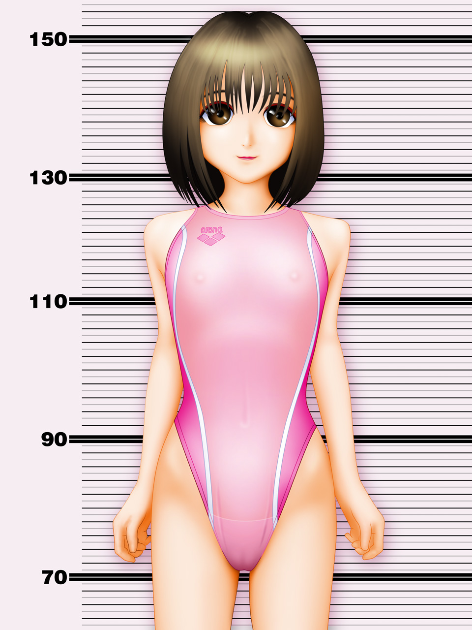 samejima makoto, samejima minoru, arena (company), original, highres, 1girl, brown eyes, brown hair, cameltoe, competition swimsuit, covered erect nipples, female focus, flat chest, height chart, highleg, highleg one-piece swimsuit, lipstick, looking at viewer, makeup, nipples, one-piece swimsuit, pink one-piece swimsuit, see-through clothes, short hair, skin tight, smile, solo, standing, swimsuit