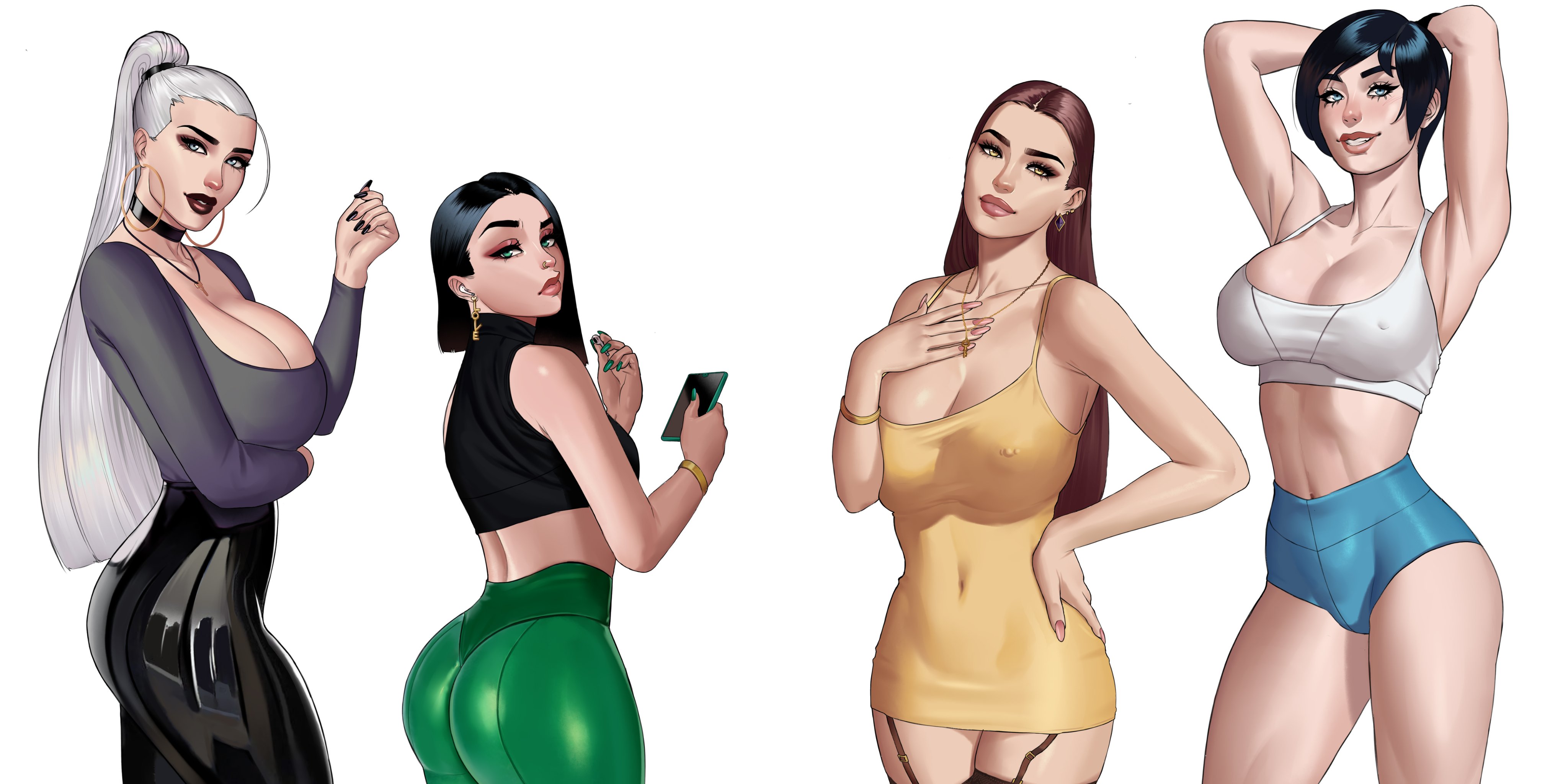 otto cubze, citrine (otto cubze), original, absurdres, highres, 4girls, ass, black hair, black pants, blue shorts, brown hair, covered navel, cristal (otto cubze), crop top, dress, green pants, grey shirt, jade (otto cubze), latex pants, long hair, micro shorts, multiple girls, pants, ponytail, saphir (otto cubze), shirt, short hair, shorts, simple background, sleeveless, sleeveless dress, sleeveless shirt, sports bra, white background, white hair, white sports bra, yellow dress
