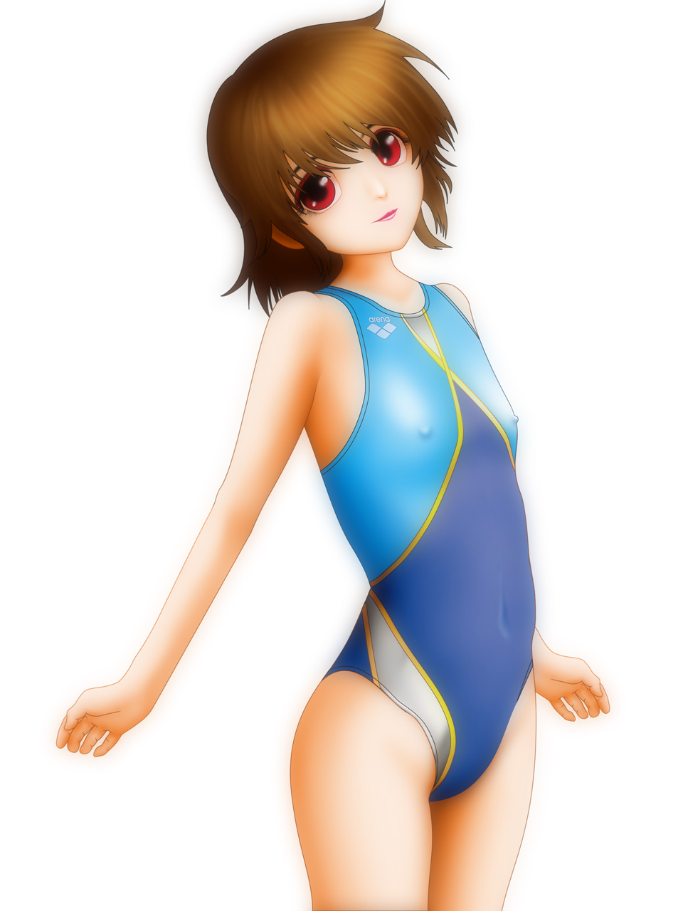 samejima makoto, samejima minoru, akashi kaoru, arena (company), zettai karen children, highres, 00s, 1girl, brown hair, competition swimsuit, covered erect nipples, covered navel, eyeshadow, female focus, flat chest, lips, lipstick, looking at viewer, makeup, one-piece swimsuit, red eyes, short hair, simple background, smile, solo, standing, swimsuit, white background
