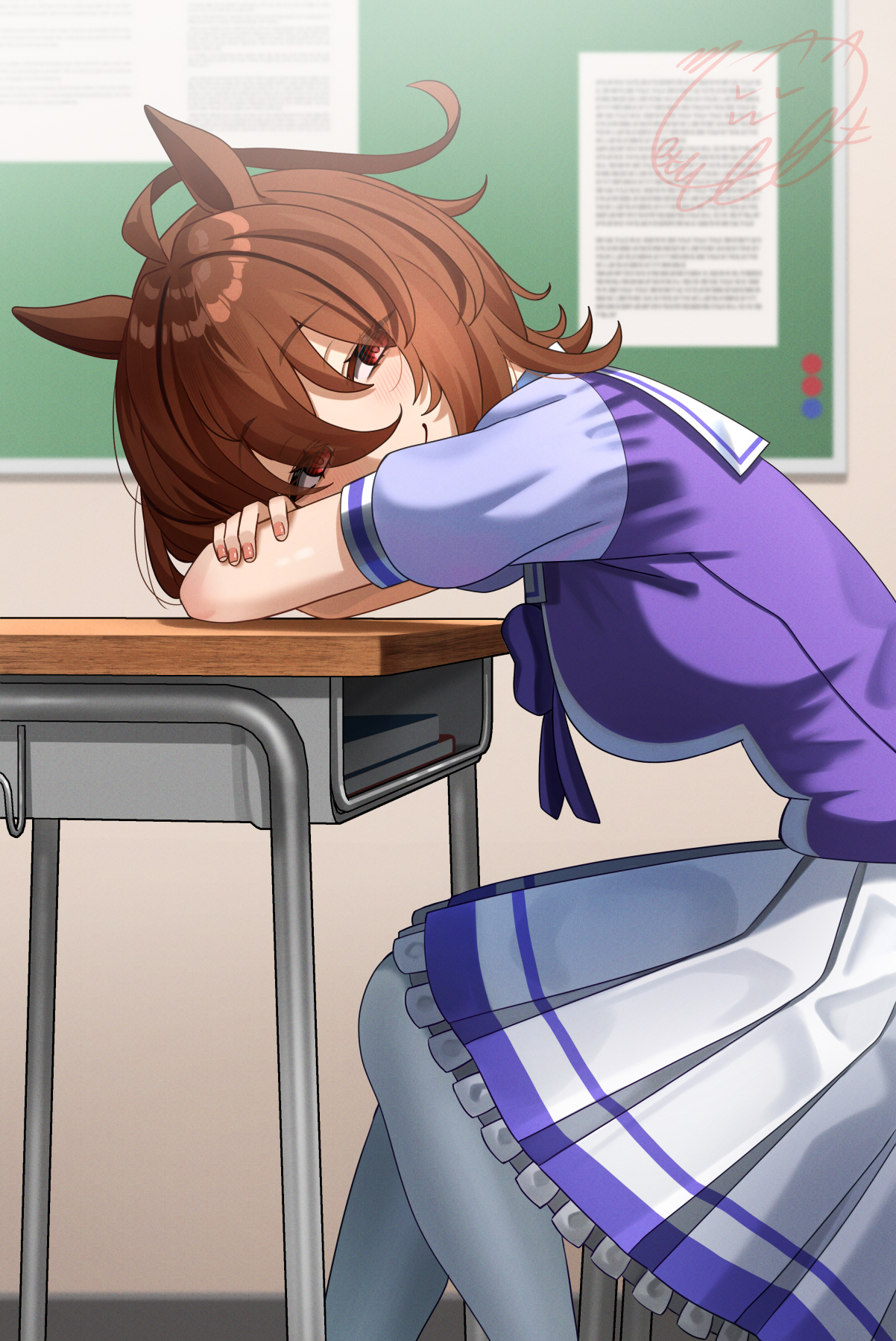 motusii, agnes tachyon (umamusume), umamusume, highres, 1girl, animal ears, bow, bowtie, brown hair, chair, chalkboard, closed mouth, desk, elbow rest, horse ears, horse girl, horse tail, looking at viewer, medium hair, purple bow, purple bowtie, purple shirt, red eyes, sailor collar, school chair, school desk, school uniform, shirt, signature, skirt, smile, solo, tail, thighhighs, tracen school uniform, white sailor collar, white skirt, white thighhighs