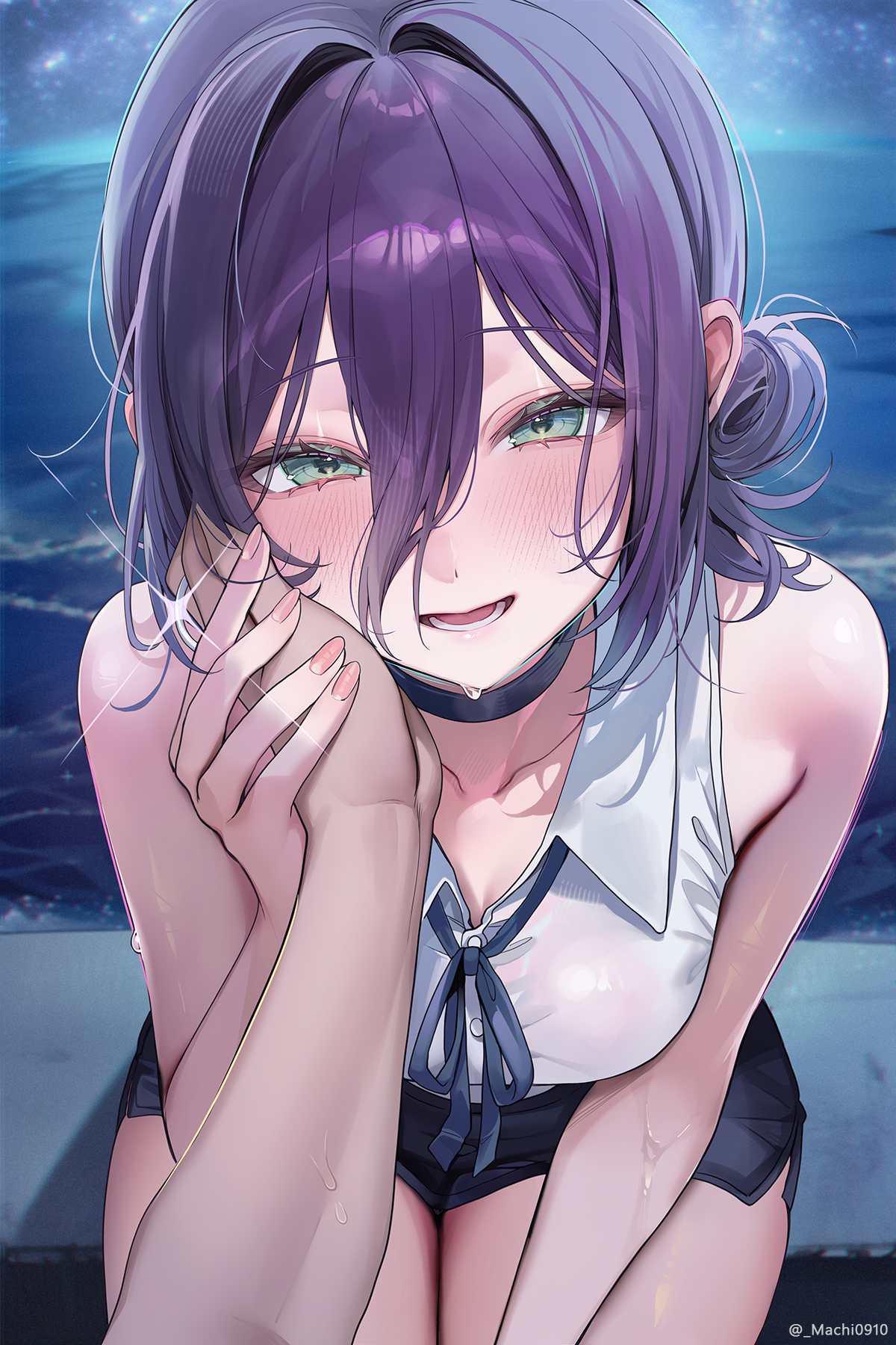 machi (machi0910), reze (chainsaw man), chainsaw man, commentary, highres, 1girl, bare shoulders, black choker, black shorts, blue ribbon, blush, breasts, choker, collarbone, collared shirt, fingernails, green eyes, hair between eyes, hair intakes, hand on another's cheek, hand on another's face, jewelry, looking at viewer, medium breasts, ocean, open mouth, outdoors, pov, pov hands, purple hair, ribbon, ring, shirt, shorts, sitting, sleeveless, sleeveless shirt, smile, thighs, twitter username, wet, white shirt