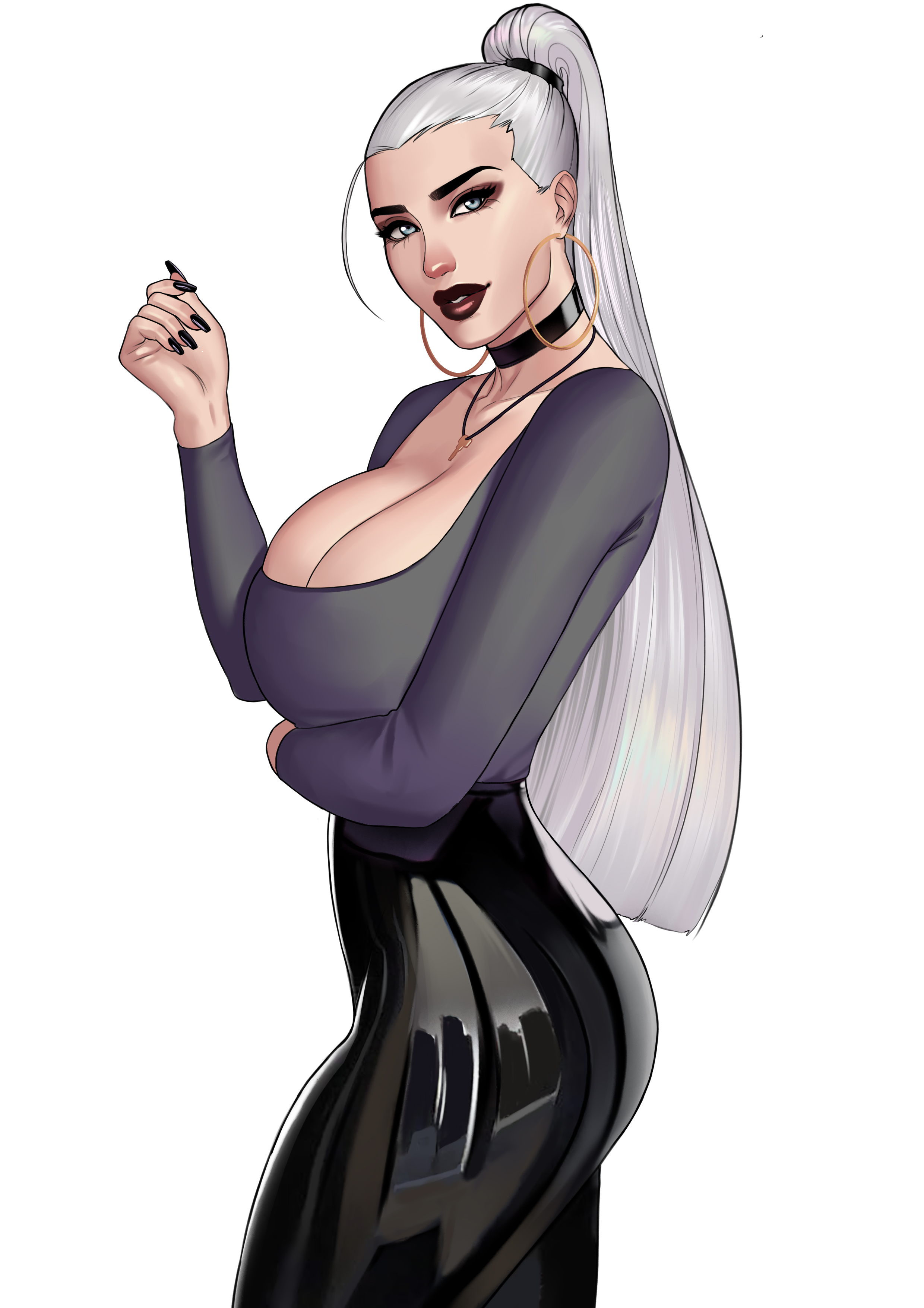 otto cubze, original, absurdres, highres, 1girl, ass, black choker, black nails, black pants, breasts, choker, cleavage, cristal (otto cubze), earrings, grey shirt, hoop earrings, jewelry, large breasts, latex pants, long hair, long sleeves, pants, ponytail, shirt, simple background, solo, white background, white hair