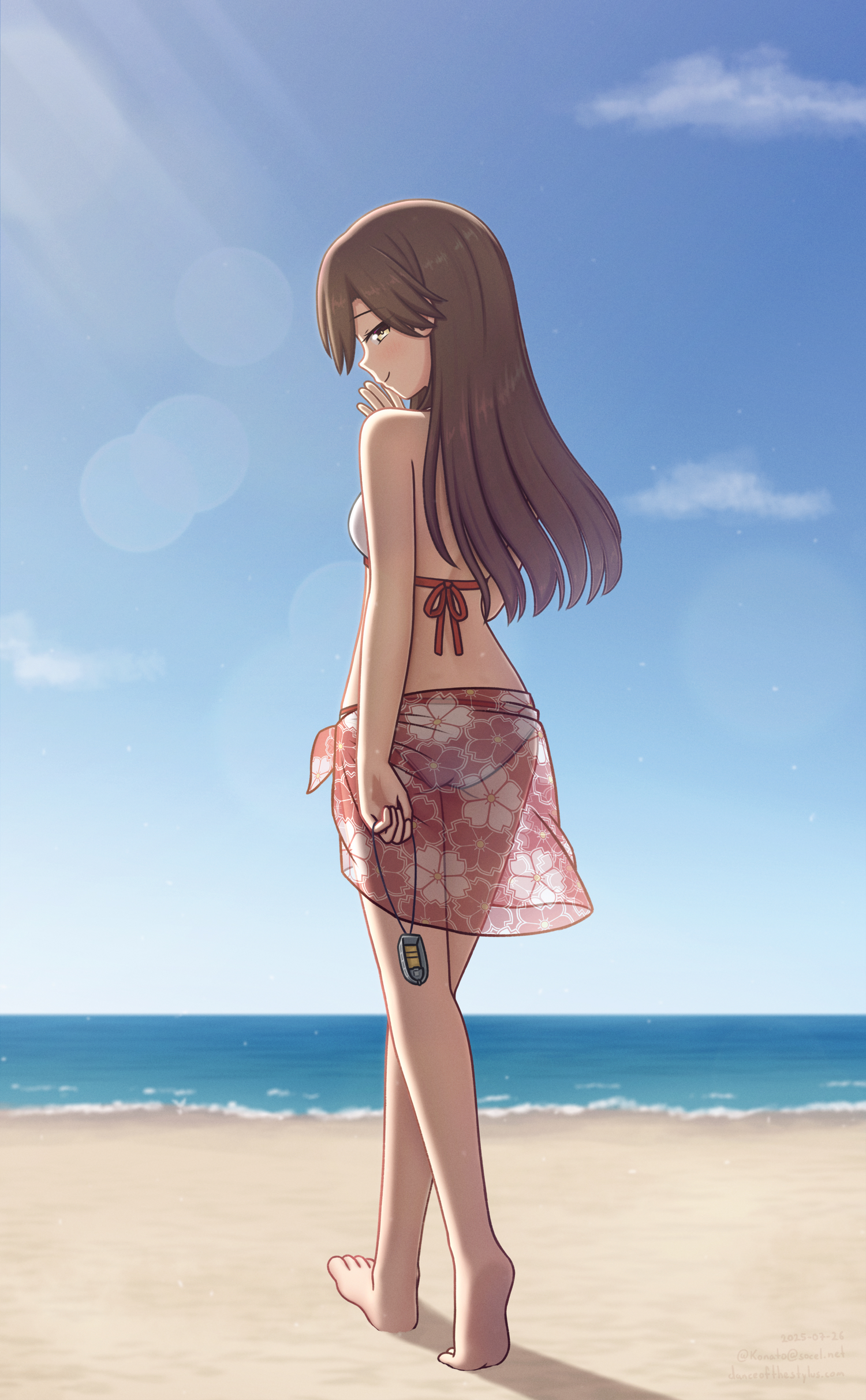 konato k, arashio (kancolle), kantai collection, absurdres, commentary request, commission, highres, pixiv commission, 1girl, alternate costume, ass, back, barefoot, beach, bikini, blue sky, blush, breasts, brown hair, cloud, day, from behind, full body, hair between eyes, horizon, long hair, looking at viewer, ocean, outdoors, sarong, shore, sidelocks, sky, small breasts, smile, solo, swimsuit, turning head, white bikini, yellow eyes