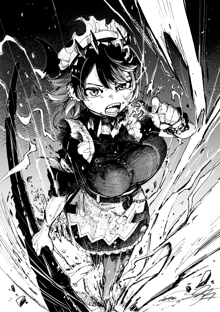 moriseishiro (uroshiiserimo), ellen joe, zenless zone zero, highres, 1girl, black hair, bouncing breasts, breasts, candy, debris, earrings, fins, fish tail, food, frilled wristband, greyscale, hairband, holding, holding candy, holding food, holding lollipop, holding weapon, jewelry, lollipop, looking at viewer, maid headdress, metal hairband, mole, mole under eye, monochrome, nail polish, open mouth, razor blade hair ornament, scar, scar on tail, shark girl, shark tail, sharp teeth, short hair, solo, sparkle, spiked headband, tail, teeth, tongue, torn clothes, weapon