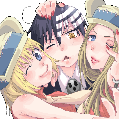 harukaumedaya, death the kid, elizabeth thompson, patricia thompson, soul eater, lowres, 00s, 1boy, 2girls, :<, black hair, blonde hair, blue eyes, hat, long hair, multiple girls, necktie, oekaki, pin, sandwiched, short hair, siblings, sisters, sleeveless, sleeveless turtleneck, triangle mouth, turtleneck